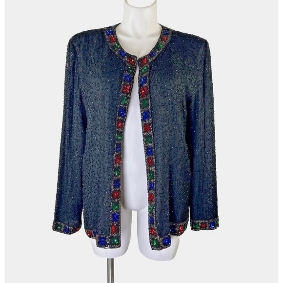 Vintage Lawrence Kazar Black Silk Beaded Sequin Embellish Black Jacket Womens 1X